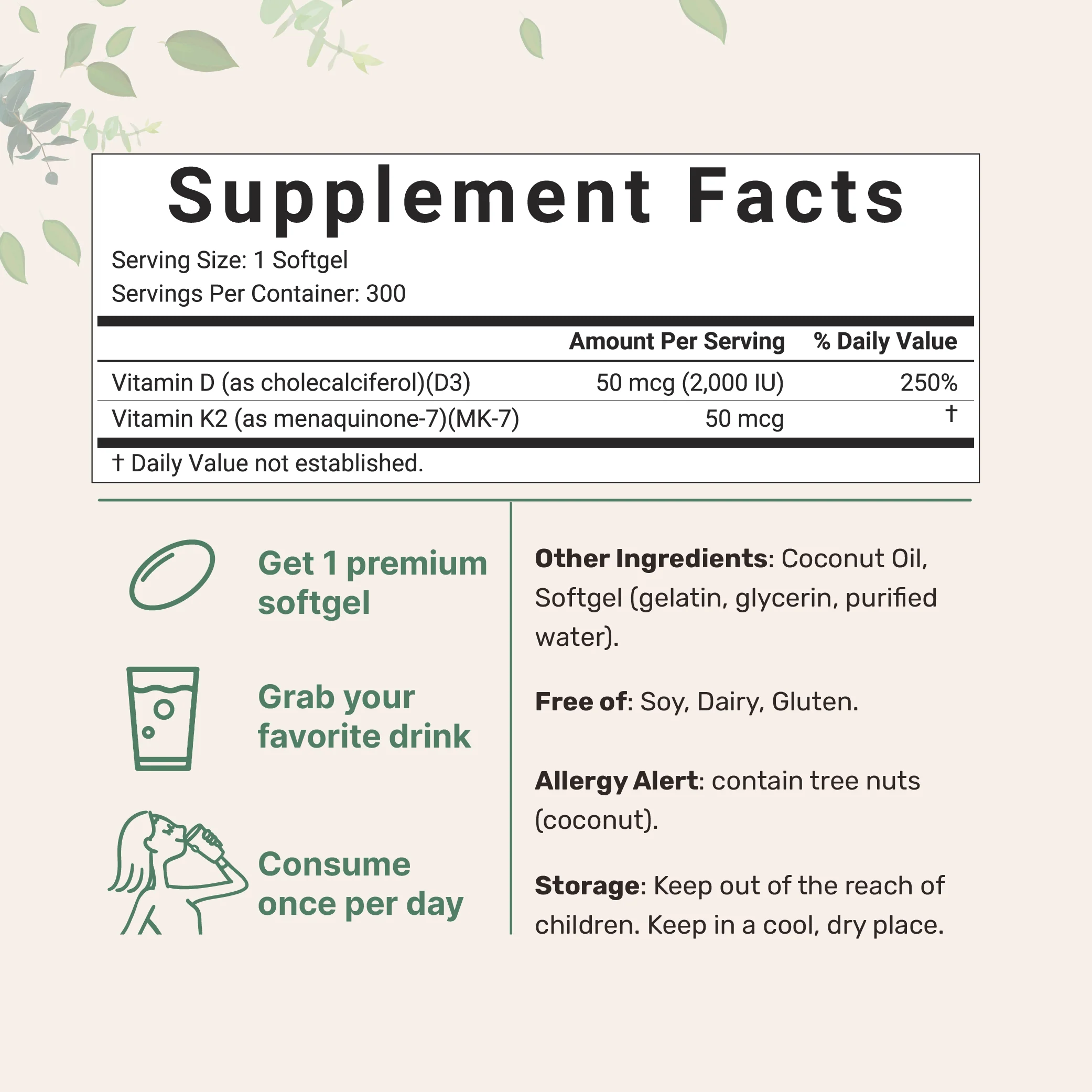 Micro Ingredients Vitamin D3 K2 5000IU /2000IU / 1000IU, Infused with Virgin Coconut Oil, 300 Softgels - Image 3