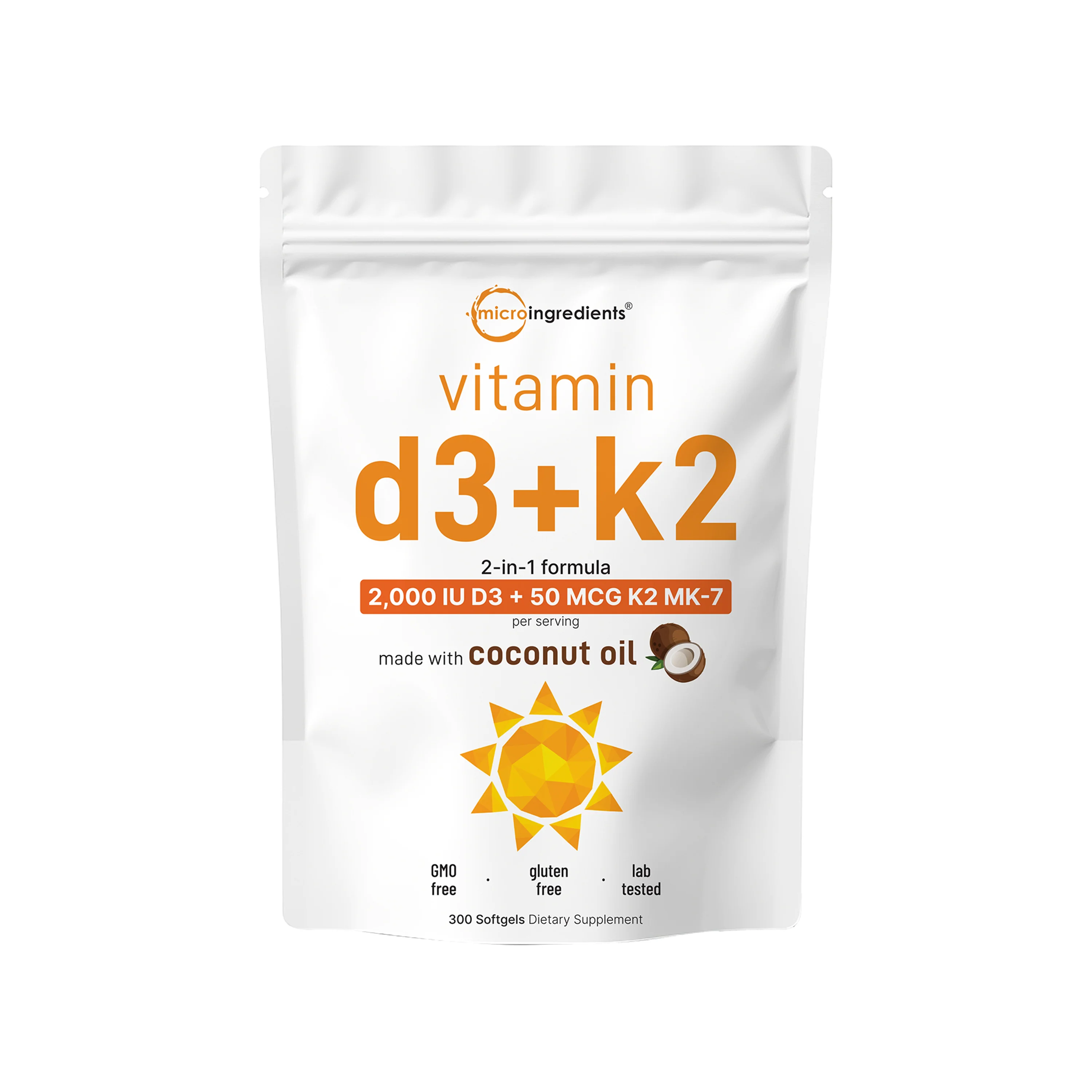 Micro Ingredients Vitamin D3 K2 5000IU /2000IU / 1000IU, Infused with Virgin Coconut Oil, 300 Softgels - Image 4