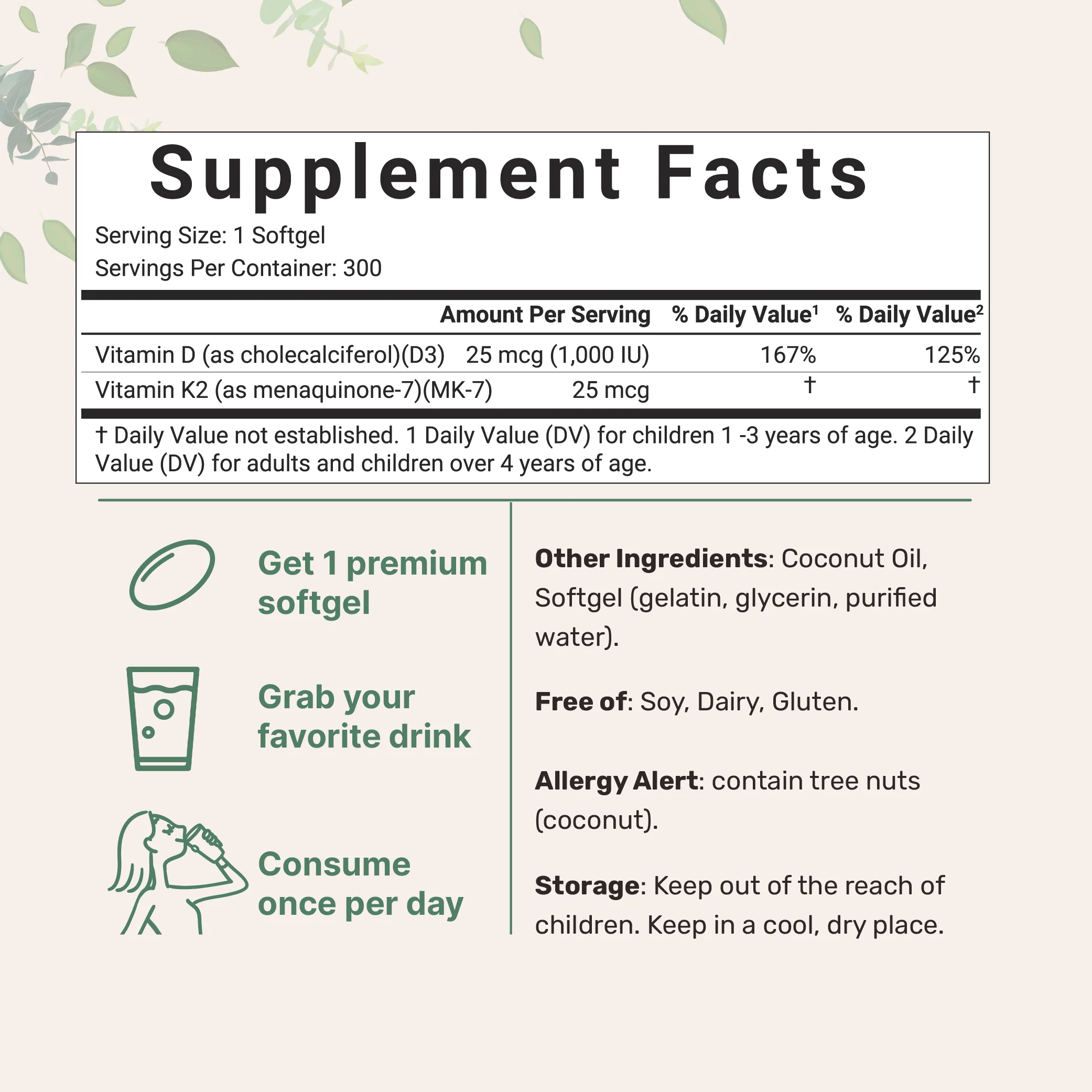 Micro Ingredients Vitamin D3 K2 5000IU /2000IU / 1000IU, Infused with Virgin Coconut Oil, 300 Softgels - Image 7